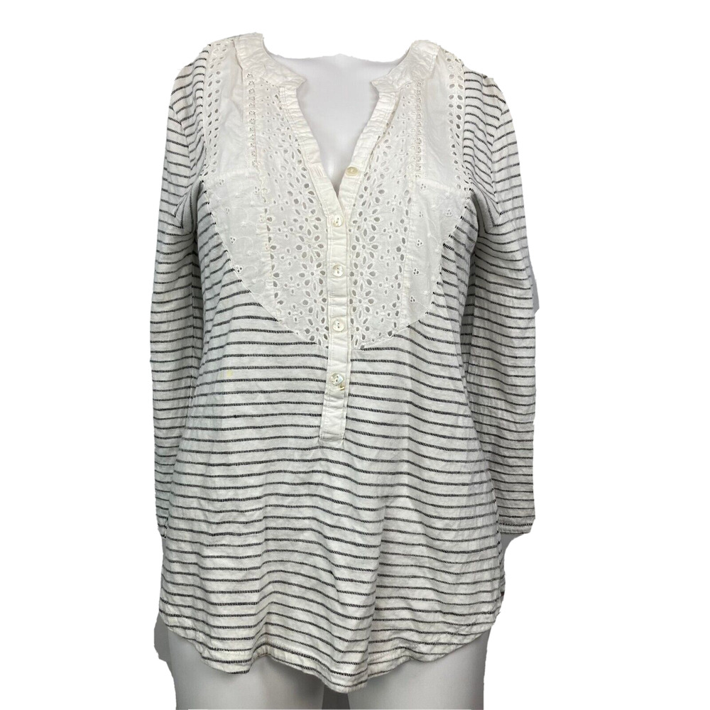 Gramicci Shirt Womens Sz M Organic Cotton White Black Striped Bib Eyelet Top
